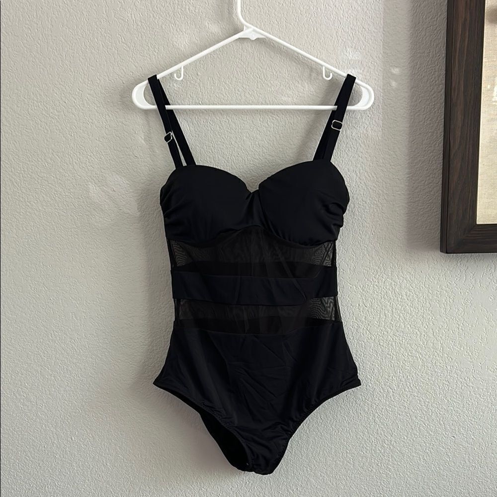 Black One-Piece Swimsuit with Mesh Details Sz 2XL no tags